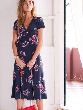 SEZANE 100% Silk Navy Blue Floral Wrap Midi Dress